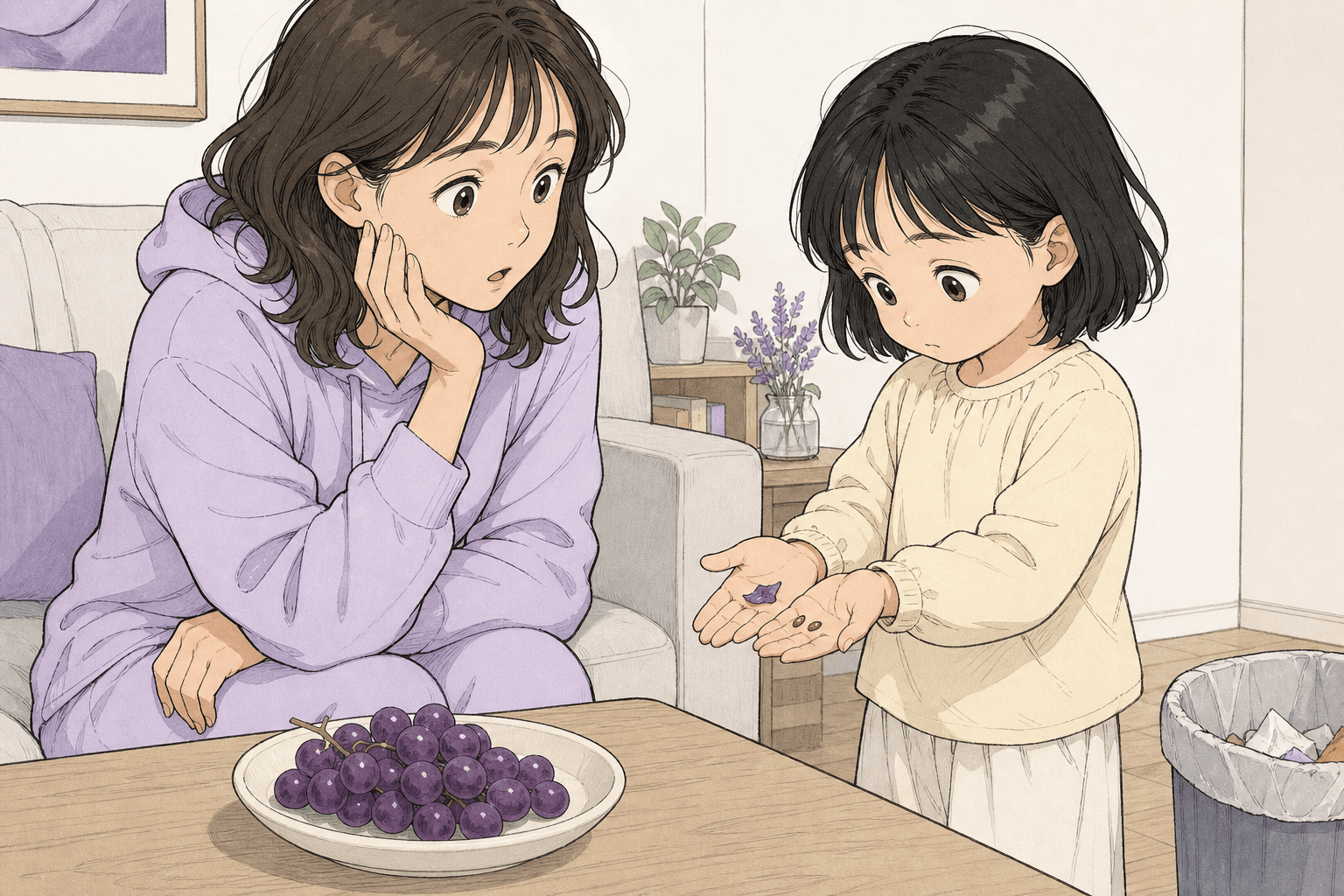 孩子摊开手接住葡萄皮和籽,认真确认妈妈没有吞下去。